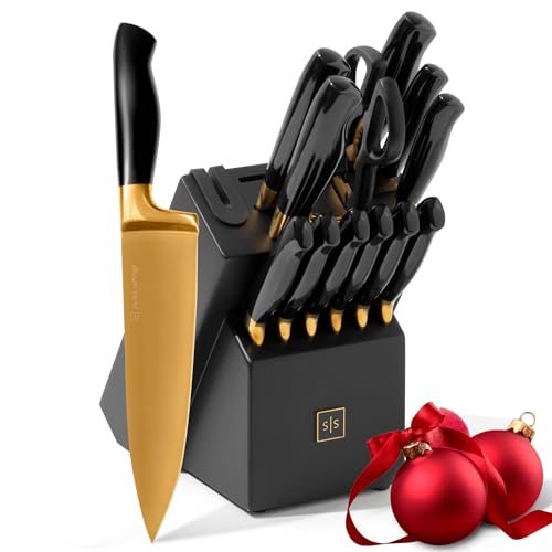 Black and Gold Knife Set with Sharpener- 14 PC Gold Knife Set with Block and Sharpener Includes Full Tang Black and Gold Knives & Self Sharpening Knife Block Set - Black and Gold Kitchen Accessories