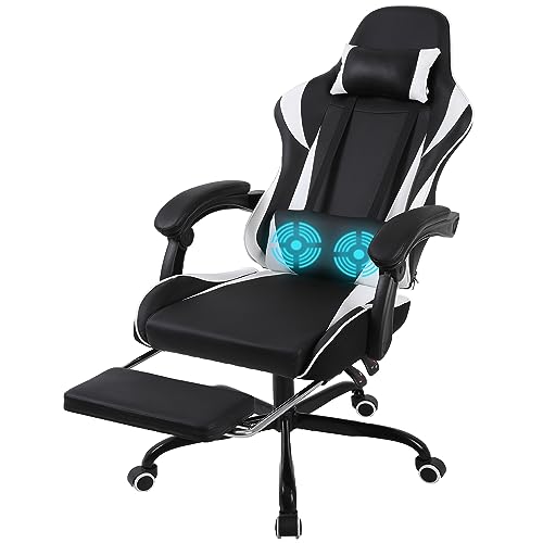 Black and White Ergonomic Gaming Chair with Footrest