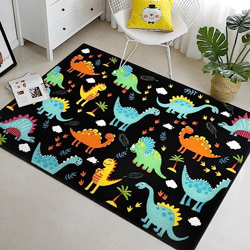 Black Dinosaur Kids Play Rug for Boys Bedroom