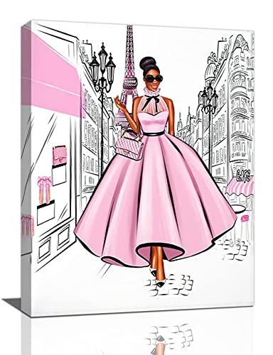 Black Girl Pink Canvas Wall Art African American Painting Wall Decor Fashion Women In Paris Eiffel Tower Pictures Modern Framed Prints Artwork for Girls Room Bathroom Bedroom 12"x16"