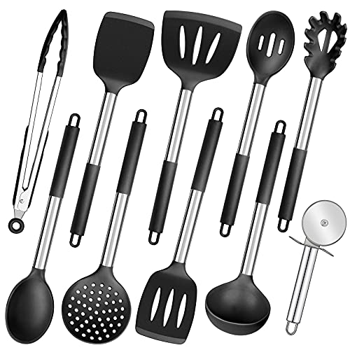 Black Kitchen Utensils Set of 10, P&P CHEF Heat-resistant Silicone Cooking Utensil with Stainless Steel Handle, Include Turner,Spatula,Spoon,Tong,Pizza Cutter, Non-toxic & Non-stick, Dishwasher Safe