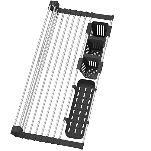 Black Roll Up Dish Drying Rack with Storage Baskets