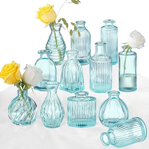 Blue Bud Vases Set of 12 - Vintage Flower Vases for Decor