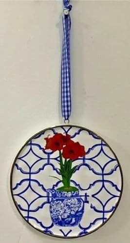 Blue Chinoiseries Red Amaryllis Vase Ginger Jar Disc Ornament
