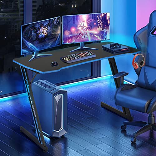 Blue Gaming Desk with Z-Shaped Design and Carbon Fiber Surface