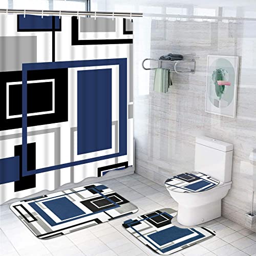 Blue Geometric Shower Curtain Set with Non-Slip Rugs and More