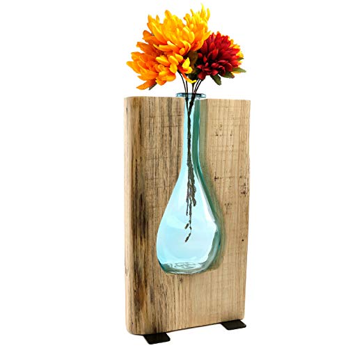 Blue Glass and Wood Vase - Rustic Flower Vase Decor