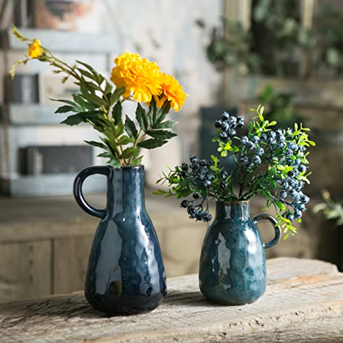 Blue Glazed Ceramic Vase Set - Farmhouse Decor Centerpiece