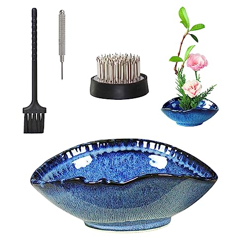 Blue Irregular Oval Shape Ceramic Ikebana Vases with Flower Frog