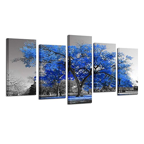 Blue Tree In Black And White Style Fall Landscape Picture Modern Giclee Stretched And Framed Artwork