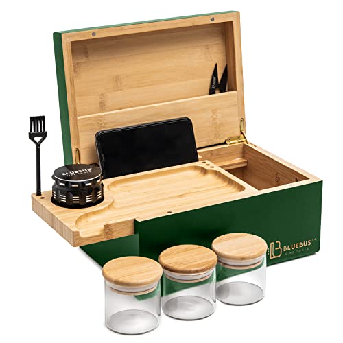 BlueBus Genesis Stash Box Rolling Tray Bundle Rolling Tray Set Rolling Tray Kit - Bamboo Stash Box with Sliding Bamboo Wooden Rolling Tray- 3 Airtight Jars and Accessories (Green)