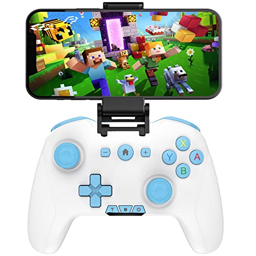 Bluetooth Controller Wireless for Switch/Phone/PC/Android/IOS/MAC/TV, Remote Game Controller with Custom Programmable Button/Wake Up/Turbo/Screenshot/Gyro Axis, Type-C Rechargeable Gamepad 15H Playtime (White&Blue with Clip)