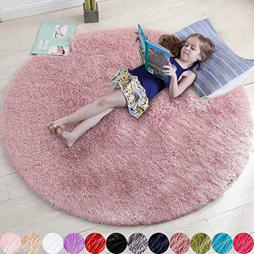 Blush Round Furry Rug for Bedroom