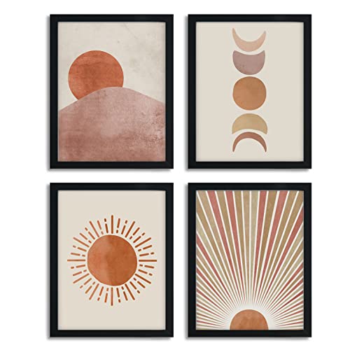 Boho Abstract Wall Art - Set of 4 Framed Pictures for Home Decoration