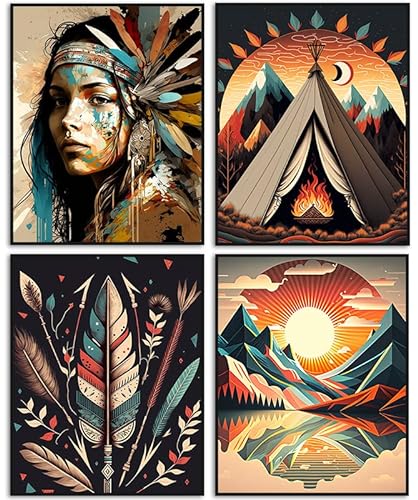 Boho Wall Art Prints - Native American Indian Girl Chief Pictures Set of 4 Unframed - Bring Boho Style to Your Space