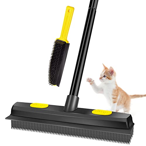 Bonpally Pet Hair Removal Broom Rubber Broom, Carpet Rake Fur Remover Broom with Squeegee and Telescoping Handle, Portable Lint Remover, Dog and Cat Hair Remover for Carpets, Couch, Yellow/Black