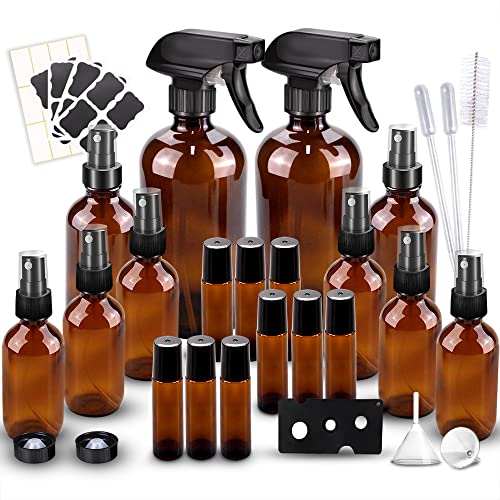 BonyTek Glass Spray Bottle Kit×10 (2×16oz, 2×4oz, 6×2oz), 9×10ml Roller Bottles, Anti UV, Multi Size and Versatile, Suitable for Aromatherapy, Facial Moisturizing, Watering, etc.(Amber)