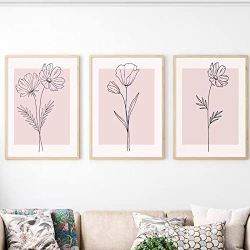 Botanical Wall Art Decor Set of 3 - Pink Flower Canvas Prints for Home