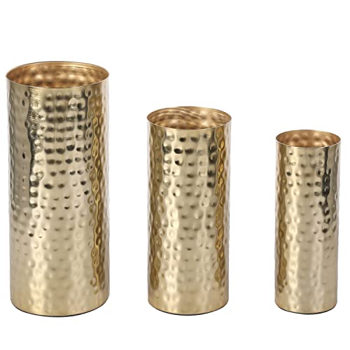 Brass Tone Hammered Metal Cylinder Flower Vases Set