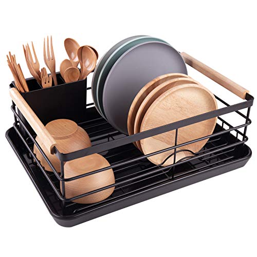 BRIAN & DANY Dish Drying Rack, Dish Racks for Kitchen Counter, Stainless Steel Dish Drainer with Removable Cutlery Holder & Drainboard, Black