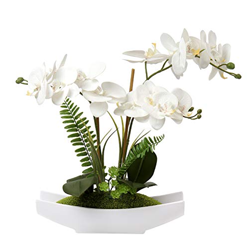 Briful Orchids Artificial Flowers 15" Large Fake Orchid White Phalaenopsis Orchid Flower Arrangements with Vase Faux Orchid for Home Bathroom Table Centerpiece Office Wedding Decor