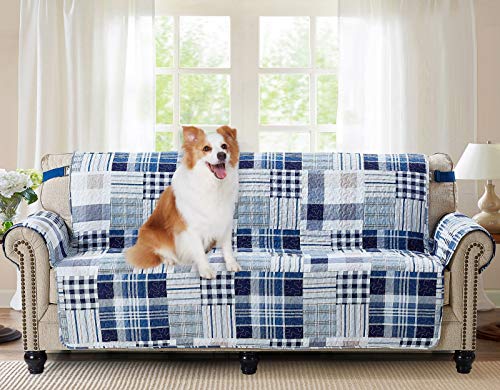 Brilliant Sunshine Blue Plaids and Stripes Patchwork Couch Cover, Quilted Large Sofa Slipcover, 70" Seat Width, Reversible Furniture Protector, 2" Strap, Washable Cover for Pets, Kids, Dogs, Cats,Blue