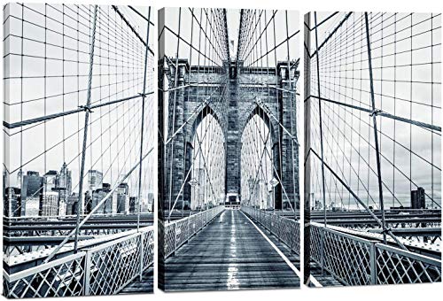 Brooklyn Bridge NYC Wall Art Decor - 24x36 Decorative Framed New York City Skyline Canvas Art 3 Piece Set