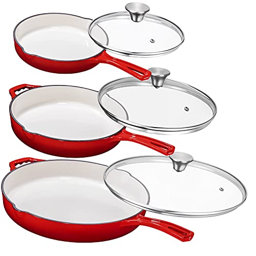 Bruntmor Red Enamel Cast Iron Pan Set with Glass Lid