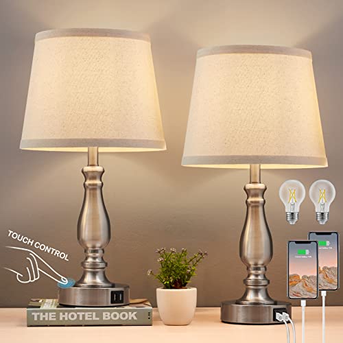 Brushed Nickel Bedside Lamps with USB Ports, Set of 2
