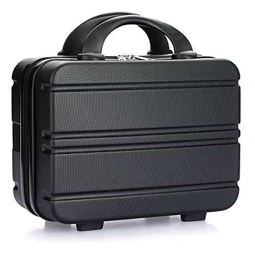 BSTKEY Portable Makeup Travel Case, Hard Shell Cosmetic Case Hand Luggage Bag Organizer, Mini ABS Carrying Suitcase with Elastic Band, Black