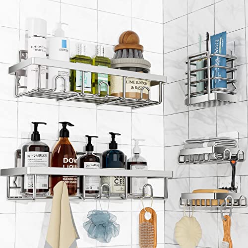 Set Of 5. Bathroom Shower Shelf Soap Holder Shampoo And Shower Gel Holder  Toothbrush Holder Shower Rack [5pcs], No Drill Adhesive Shower Organizer,  Large Capacity, Rust-proof Shower Storage Shelf, Interior Shower Rack