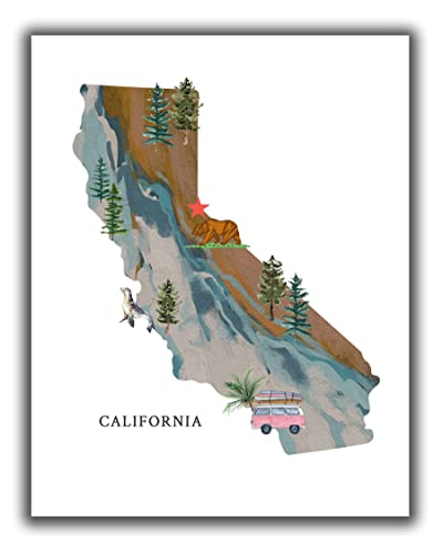 California Illustrated Map Wall Art Print