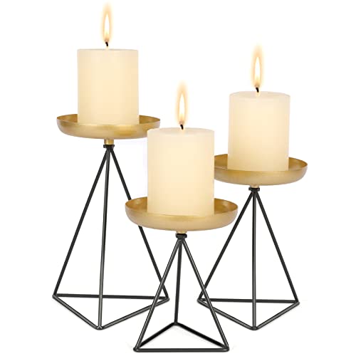 Candle Holders for Pillar Candle - 3Pcs Matte Black&Gold Candlestick Holders Metal Geometric Candle Stands