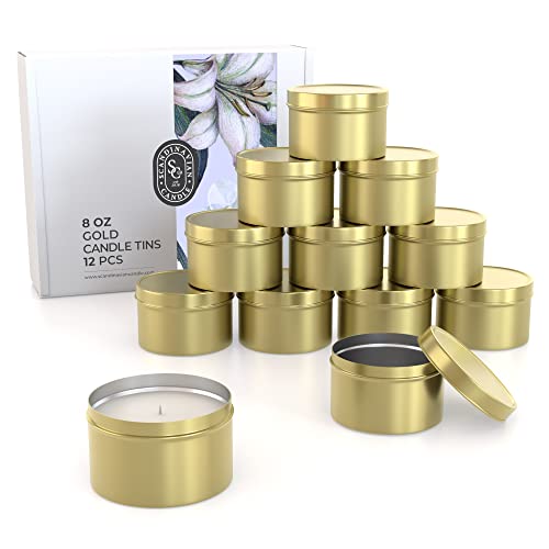 Candle Tins with Lids - 12 PCS 8oz Gold Seamless Candle Containers for Making Candles - Elegant Metal Candle Jars in Bulk for Candle Making - Candle Supplies for DIY Candle Making