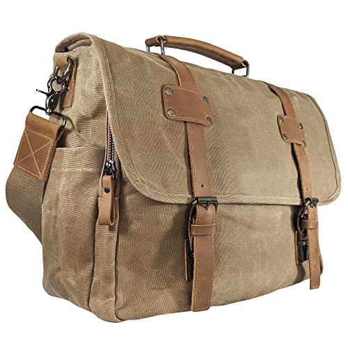 Canvas Messenger Bag for Men, Portable Office with Laptop Case and Trolley Slot, Practical Organizer with Multiple Compartments, Waxed Canvas and Genuine Leather Vintage Satchel, Brown