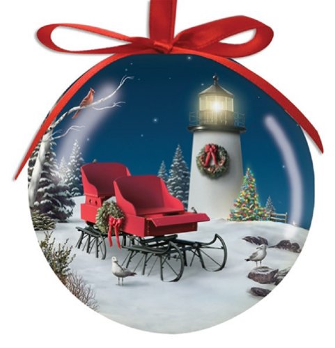 Cape Shore Lighthouse and Red Sleigh High Gloss Resin Hanging Ornament