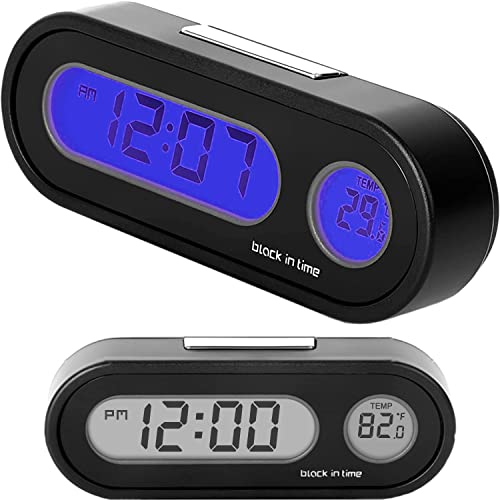 Car Dashboard Clock and Temperature Display with Blue Backlight