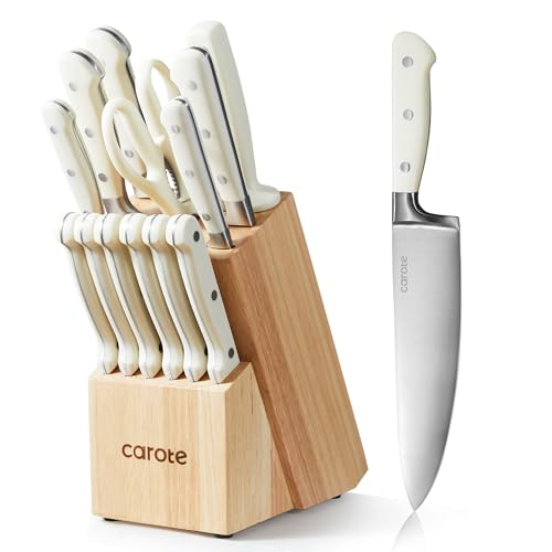 Kitchen Knife Set Non Stick Knives With Block, Serrated Steak Knife, Chef  Knife, Bread Knife, Scissors, Sharpener, 14Pcs Stainless Steel Ultra-Sharp  Cutlery Block Sets With Titanium Coated Blade