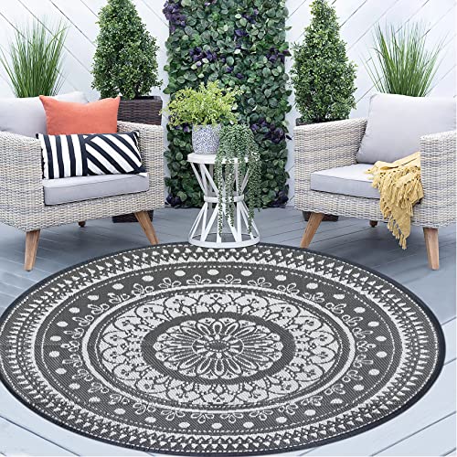 Cekene Round Outdoor Rugs Waterproof 5Ft Reversible Outdoor Patio Rugs Portable RV Camping Mats Lightweight Plastic Straw Rugs Grey Outdoor Area Rug for Patio Picnic Beach BBQ