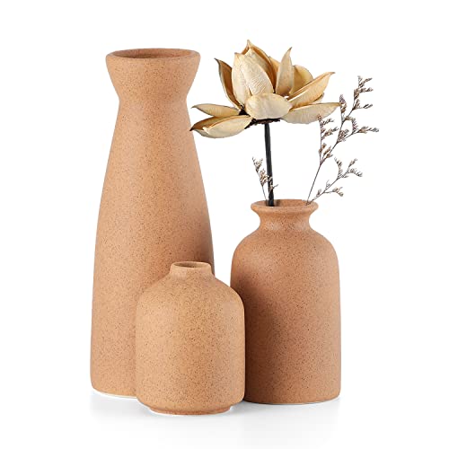 CEMABT Brown Ceramic Vase Set - 3 Small Flower Vases for Decor