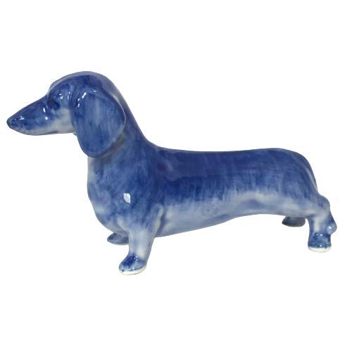 Ceramic Dachshund Dog Figurine Dollhouse Delft Blue White