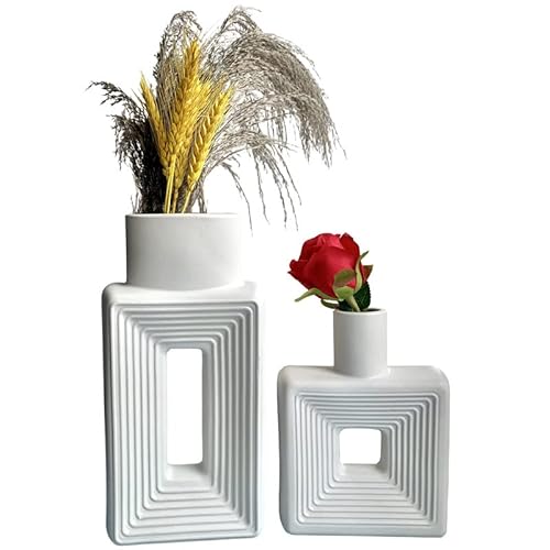 Ceramic White Vase Set - Square Fluted Boho Vase