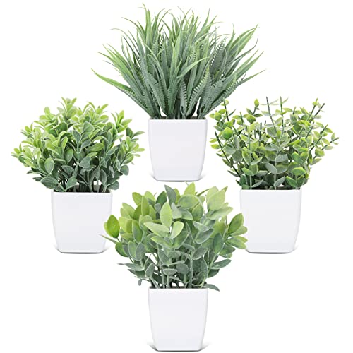 CEWOR 4 Pack Small Faux Plants for Office Desk Fake Mini Potted Plants for Shelf Artificial Greenery Eucalyptus Plant Indoor for Home Bedroom Living Room Décor