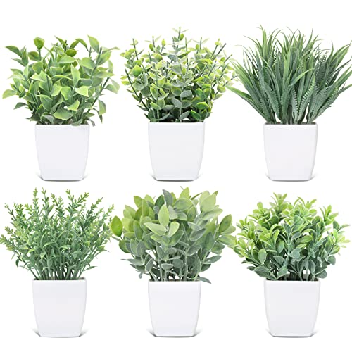 CEWOR 6 Pack Small Fake Plants for Bedroom Aesthetic Mini Artificial Greenery Potted Plants Faux Eucalyptus Plant for Home Décor Indoor Bathroom Living Room Office Desk Decorations