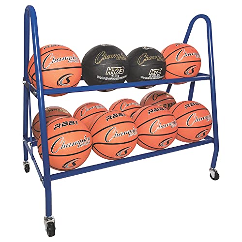 Champion Sports Two Tier Basketball Storage Rack Cart with Swivel Caster Wheels, 12 Ball Capacity (Blue)