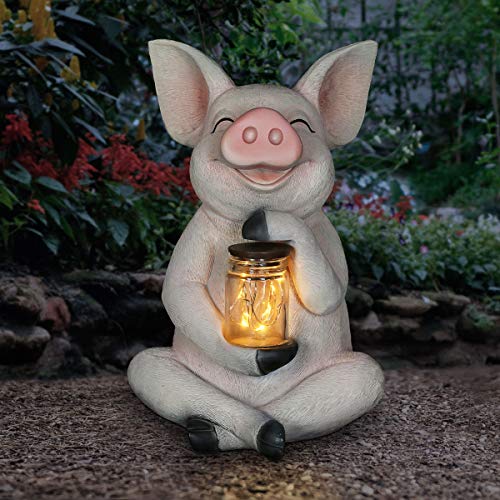 Charming Pig Solar Garden Statue with Glass Jar