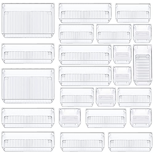CHEFSTORY 23 PCS Clear Drawer Organizers Set, 4 Sizes Plastic Vanity Storage Bins, Desk Drawer Organizer Trays with Non-slip Silicone Pads for Makeup,Bathroom and Kitchen