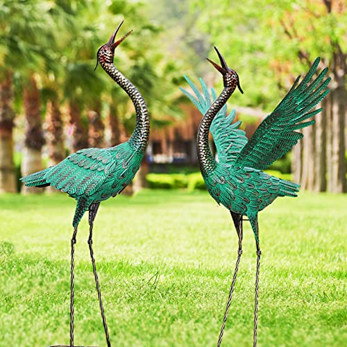 chisheen Crane Garden Statues Outdoor Metal Heron Yard Art Crane for Garden Sculptures Patio Lawn Ornaments,Set of 2