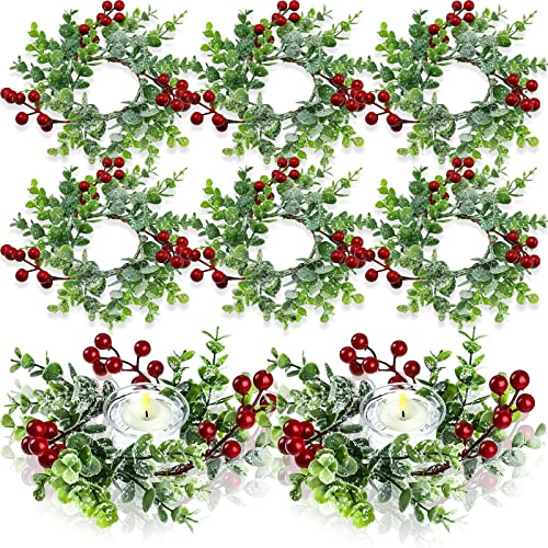Christmas Candle Rings Garland 3.15 inch Center Pillar Candle Rings Wreaths Red Berry Candle Garland Candle Holders Mini Candle Ring for Wedding Party Living Room Dining Table Decoration(12 Pieces)