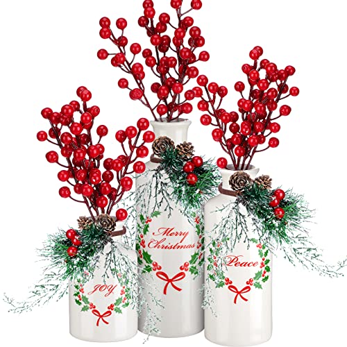 Christmas Ceramic Vase Set with Red Berry Stems